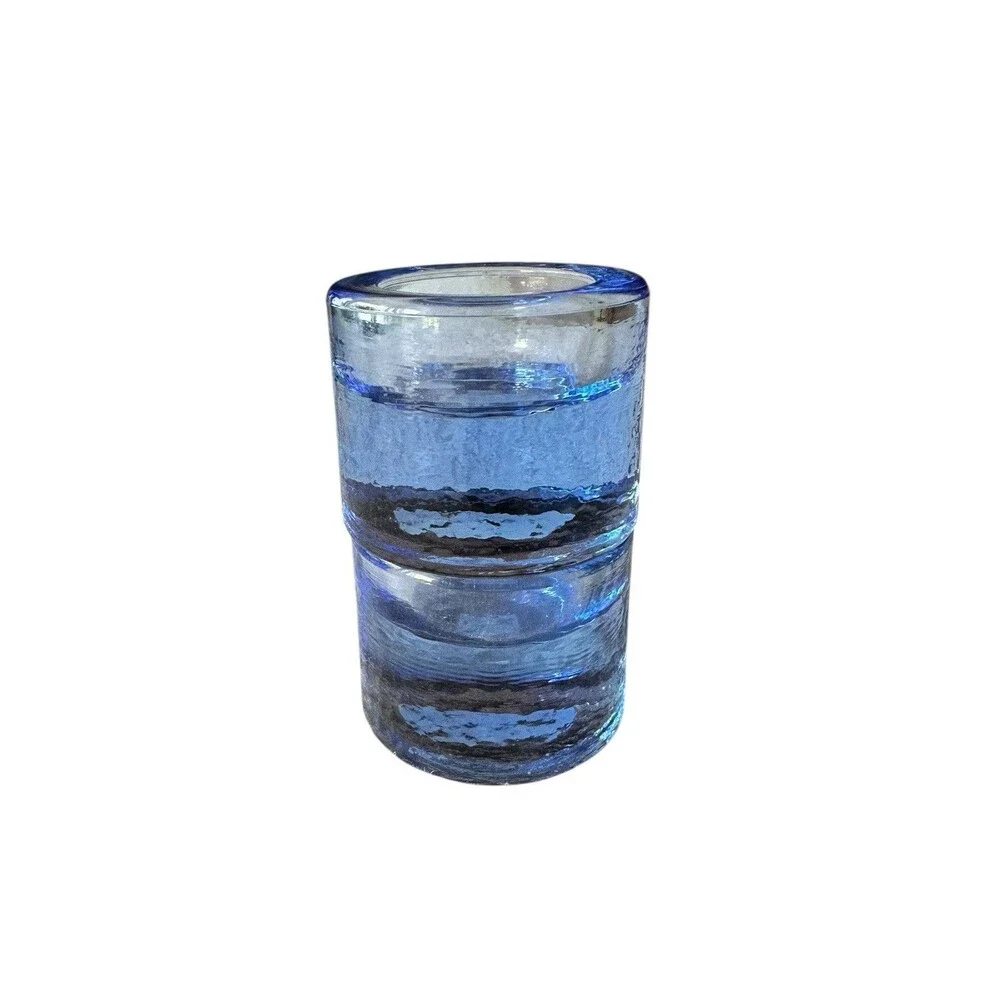Crate And Barrel Blue Block Glass Tea light Votives Candles X 2 Round.